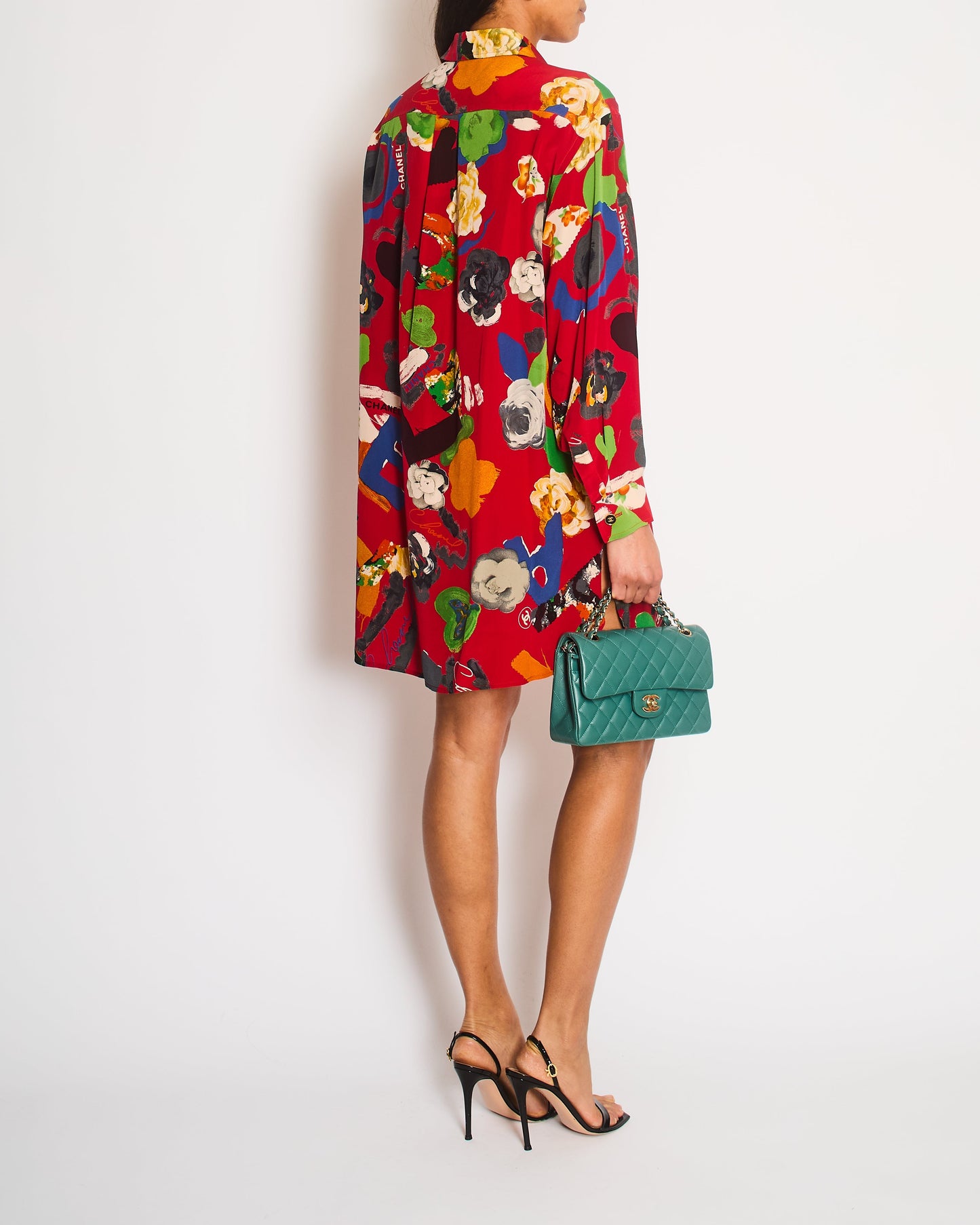 Chanel Red Mini Shirt Dress with Multi-Colour Camelia and Logo Prints with Black and Gold CC Logo Buttons Details Size FR 38/40 (UK 10/12)