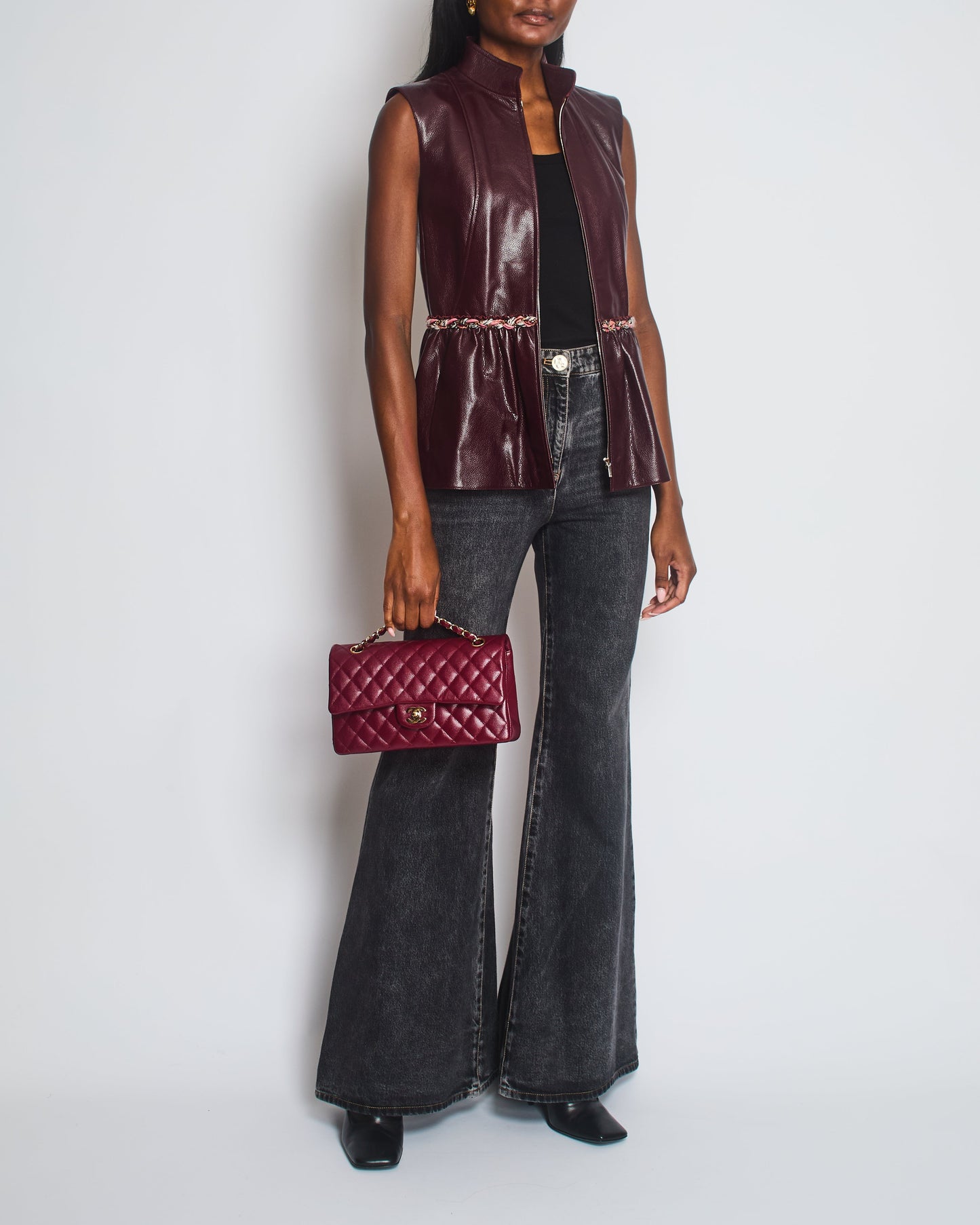 Chanel 2023 Burgundy Bordeaux Leather Gilet with Tweed Trim and Peplum Hem Size FR 36 (UK 8) Accessory