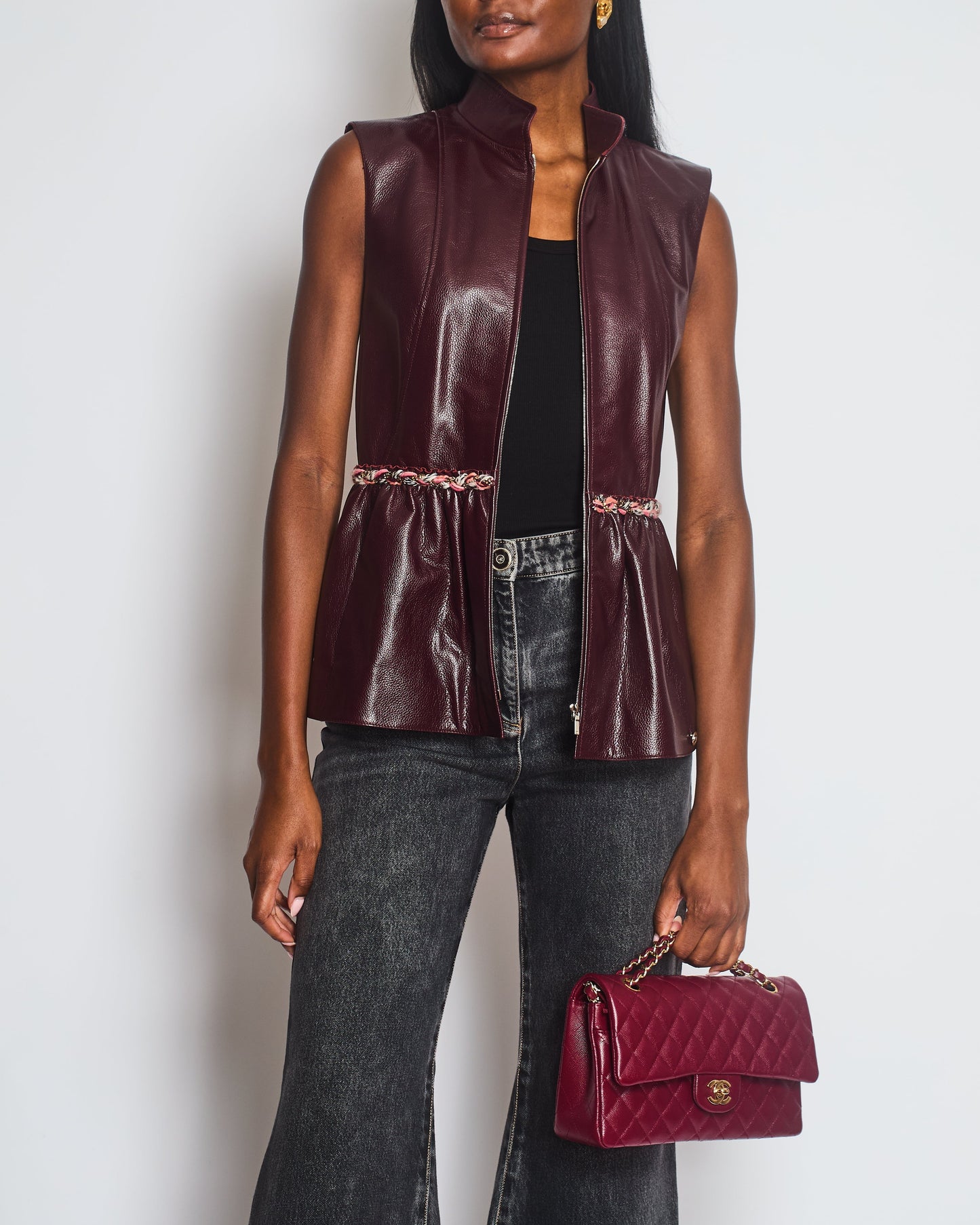 Chanel 2023 Burgundy Bordeaux Leather Gilet with Tweed Trim and Peplum Hem Size FR 36 (UK 8) Accessory