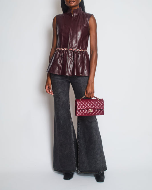Chanel 2023 Burgundy Bordeaux Leather Gilet with Tweed Trim and Peplum Hem Size FR 36 (UK 8) Accessory