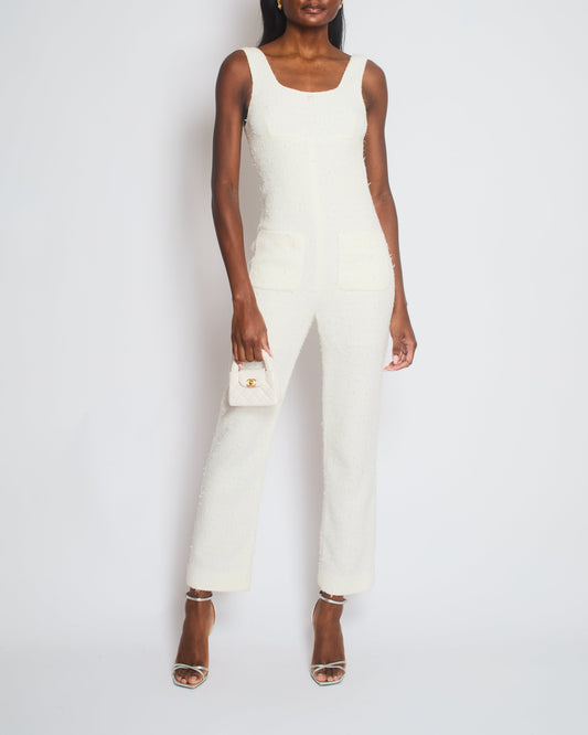 Chanel 23/M White Tweed Coco Beach Backless Jumpsuit with Crystal CC Logo Size FR 36 (UK 8) Accessory