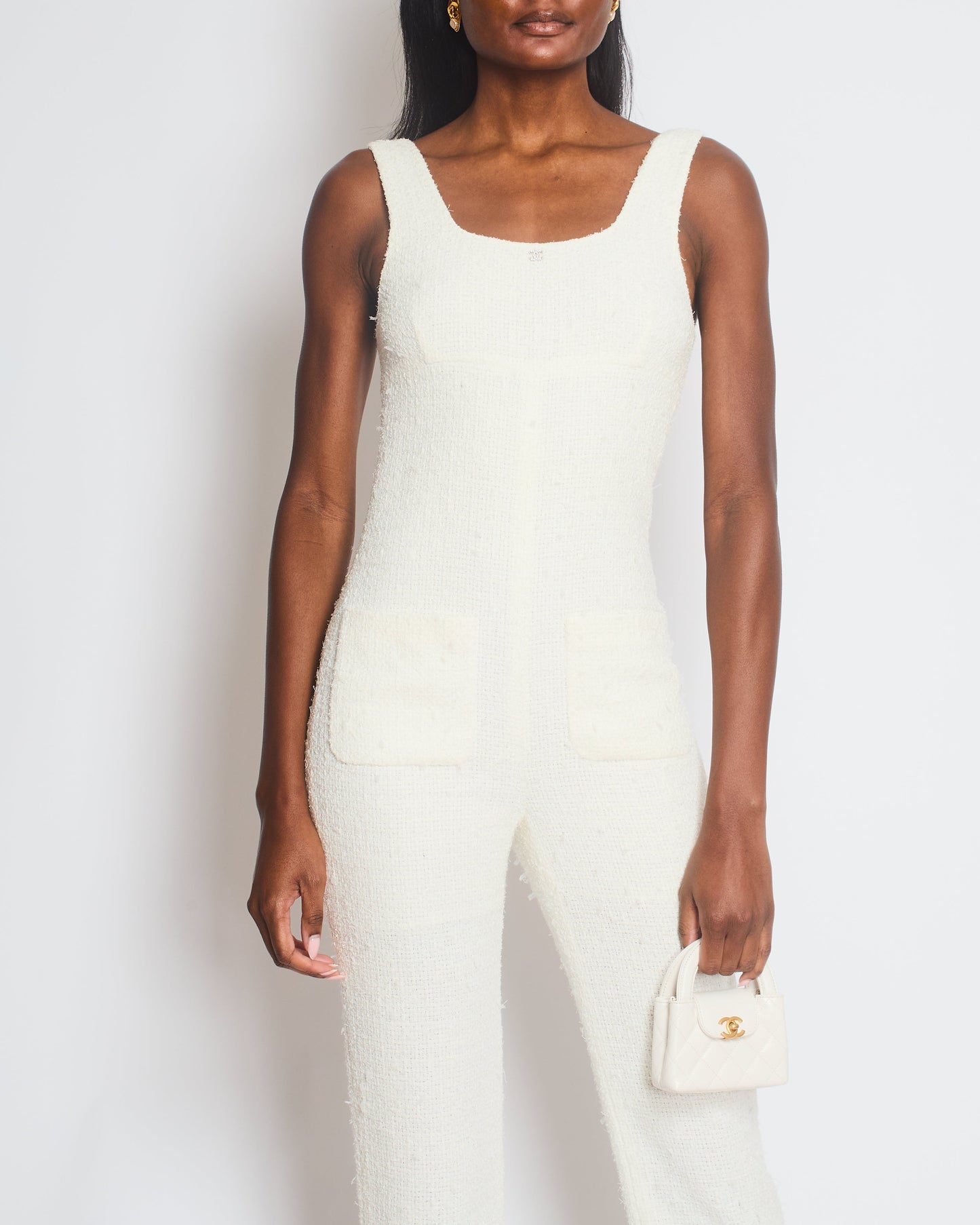 Chanel 23/M White Tweed Coco Beach Backless Jumpsuit with Crystal CC Logo Size FR 36 (UK 8) Accessory
