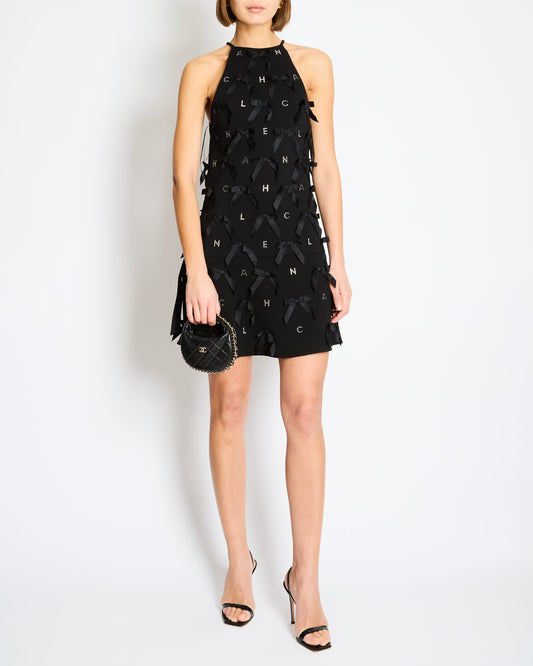 Chanel *RARE* 23/S Black Mini Dress with Bow Details and Crystal Logo Embellishments Size FR 34 (UK 6)