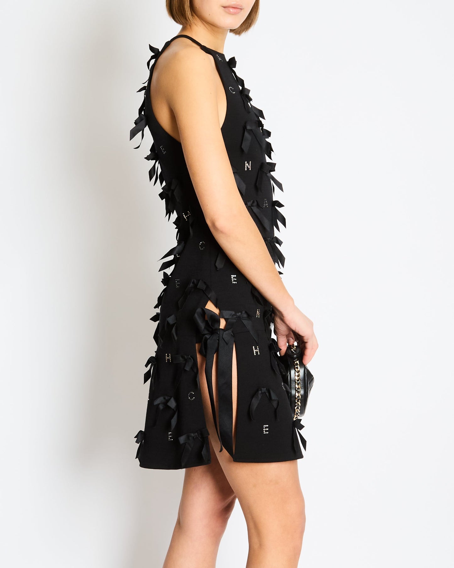 Chanel *RARE* 23/S Black Mini Dress with Bow Details and Crystal Logo Embellishments Size FR 34 (UK 6)