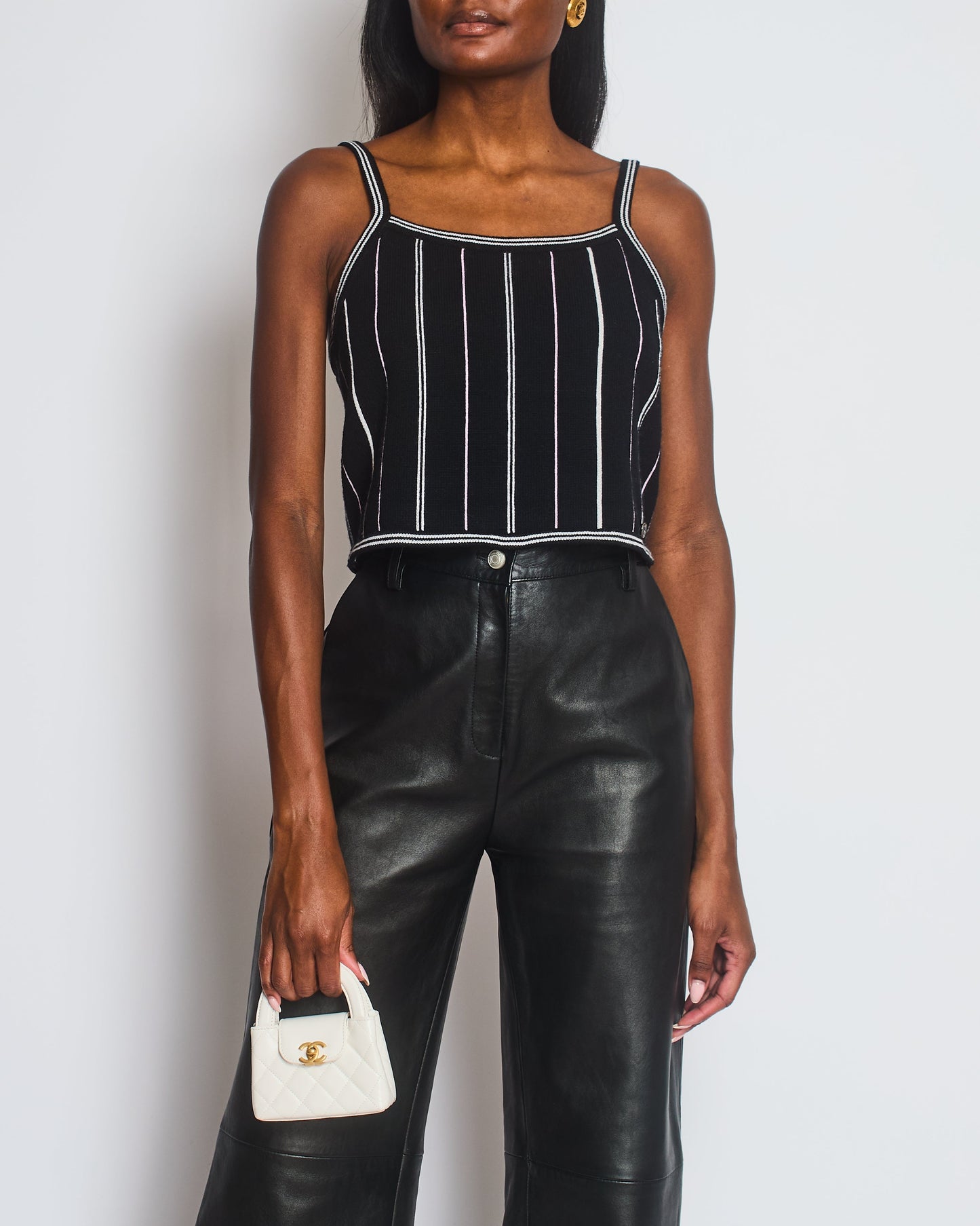 Chanel 23/P Black Knitted Vest Top with White & Light Pink Stripes Detail Size FR 38 (UK 10) Accessory