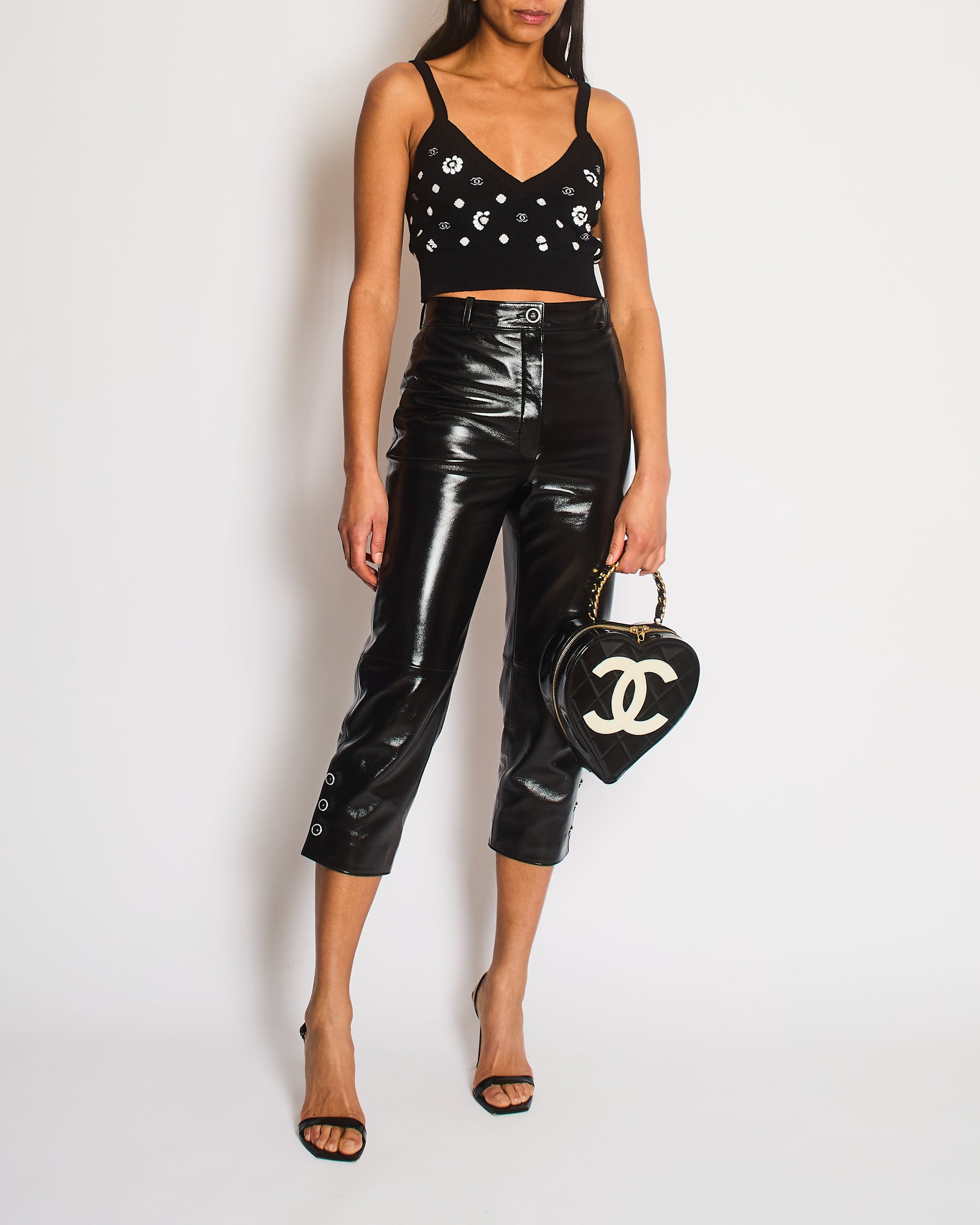 Chanel Black Shiny Leather Tro rs with Sparkling Pearl Button Details Size FR 34 (UK 6)