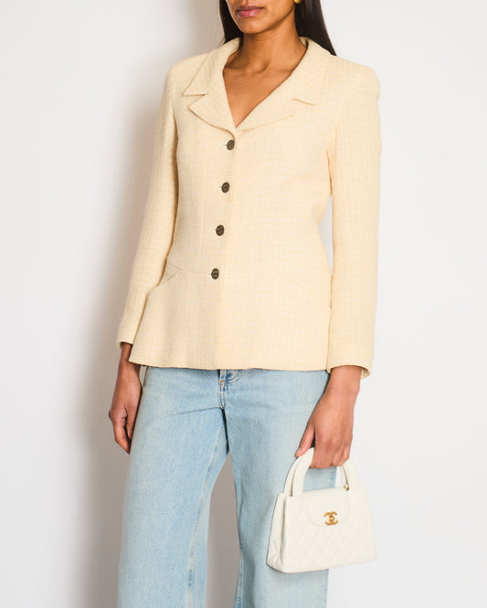 Chanel 00/C White and Peach Check Tweed Long Sleeve Jacket with Brushed Silver Logo Buttons Size FR 38 (UK 10)