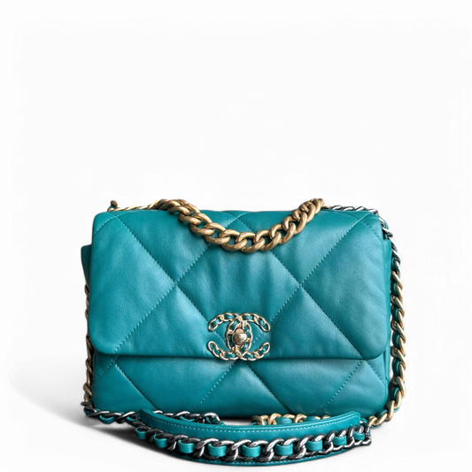 Chanel 19 Bag Small - Goatskin Two-tone Hardware Quilted Blue Handbag