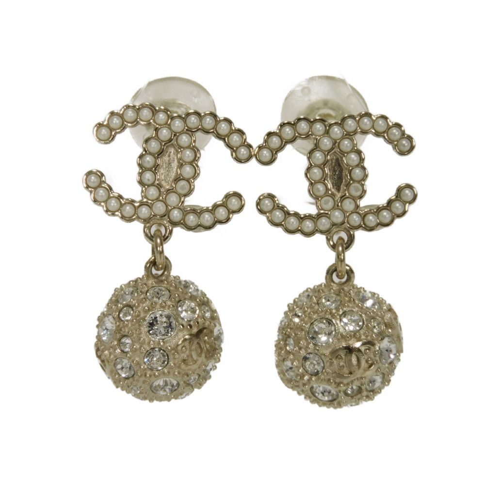 Chanel Coco Mark Pearl Crystal Swing Ball Earrings Jewelry
