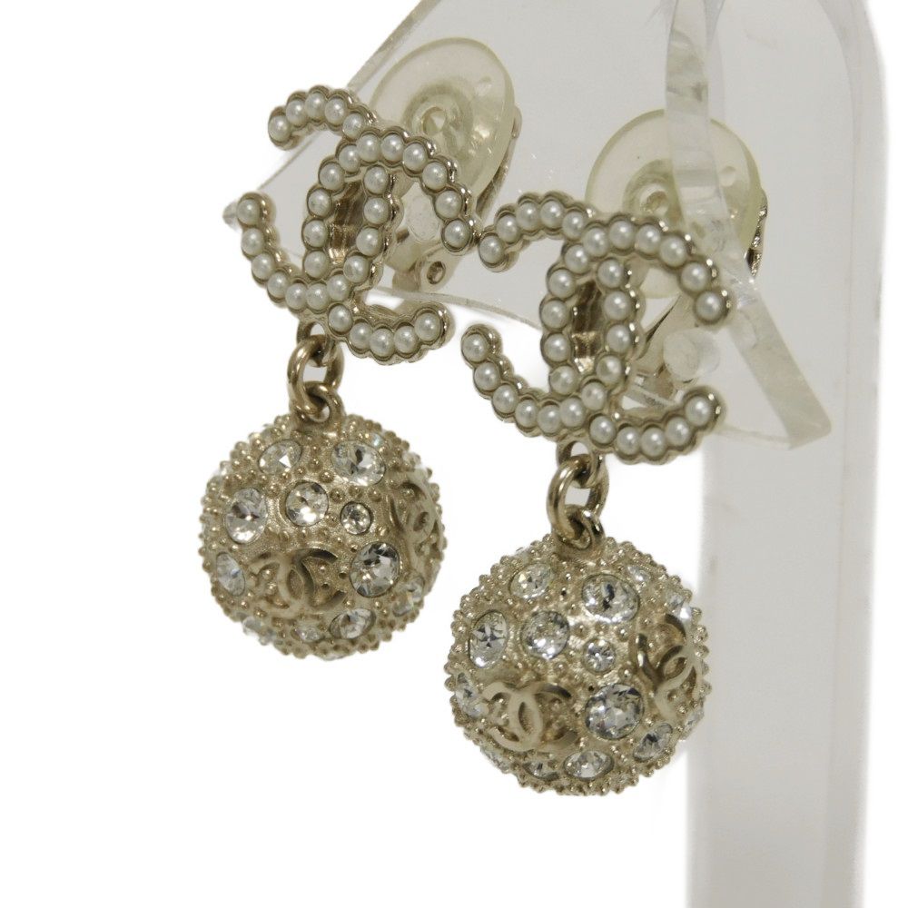 Chanel Coco Mark Pearl Crystal Swing Ball Earrings Jewelry