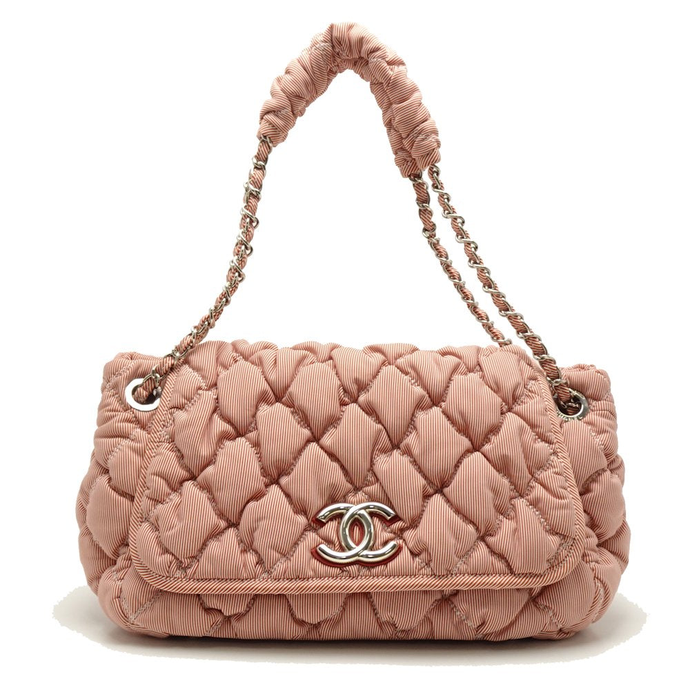 Chanel Bubble Quilt Chain Tote Bag Stripe Canvas Nylon