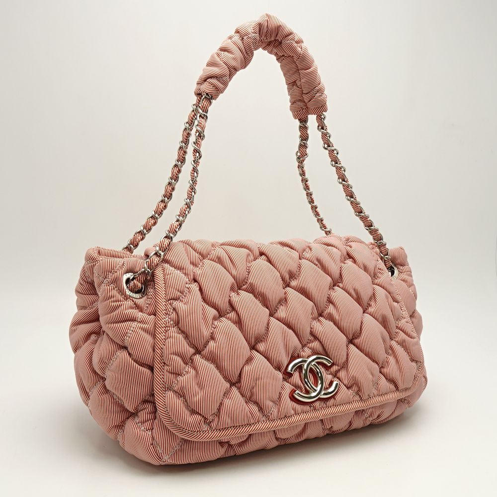 Chanel Bubble Quilt Chain Tote Bag Stripe Canvas Nylon