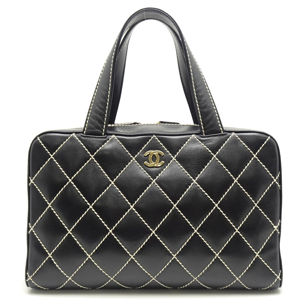 Chanel Boston Bag Handbag Wild Stitch Lambskin Black Mini Mini Bag