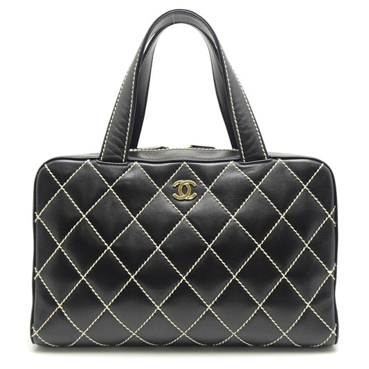 Chanel Boston Bag Handbag Wild Stitch Lambskin Black Mini Mini Bag