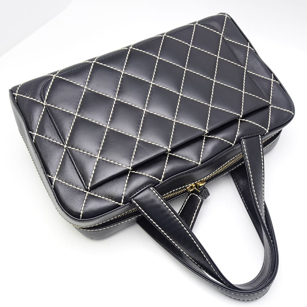 Chanel Boston Bag Handbag Wild Stitch Lambskin Black Mini Mini Bag