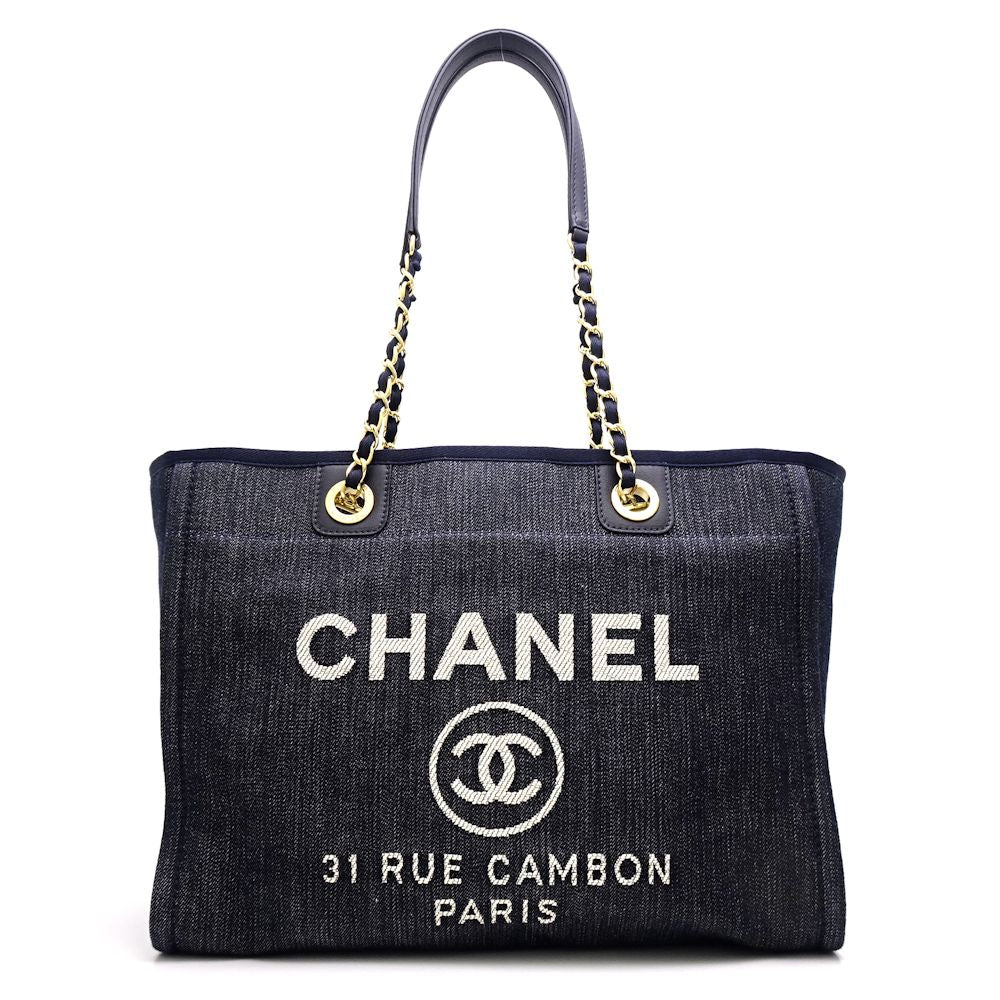 Chanel Deauville Tote Bag Navy Denim Chain