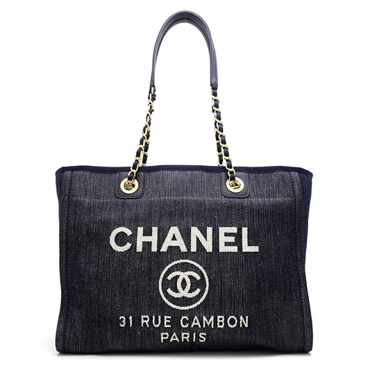 Chanel Deauville Tote Bag Navy Denim Chain