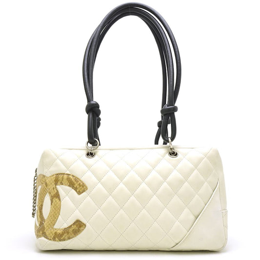 Chanel Cambon Line Bowling Bag x Python Leather White Handbag