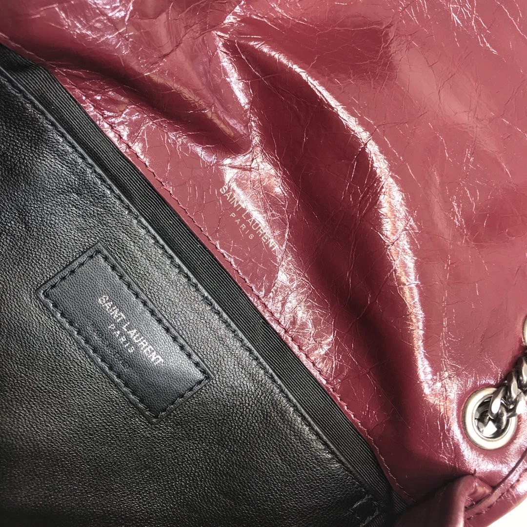 YSL Saint Laurent Niki Baby Crinkled Burgundy 8in Chain Handbag
