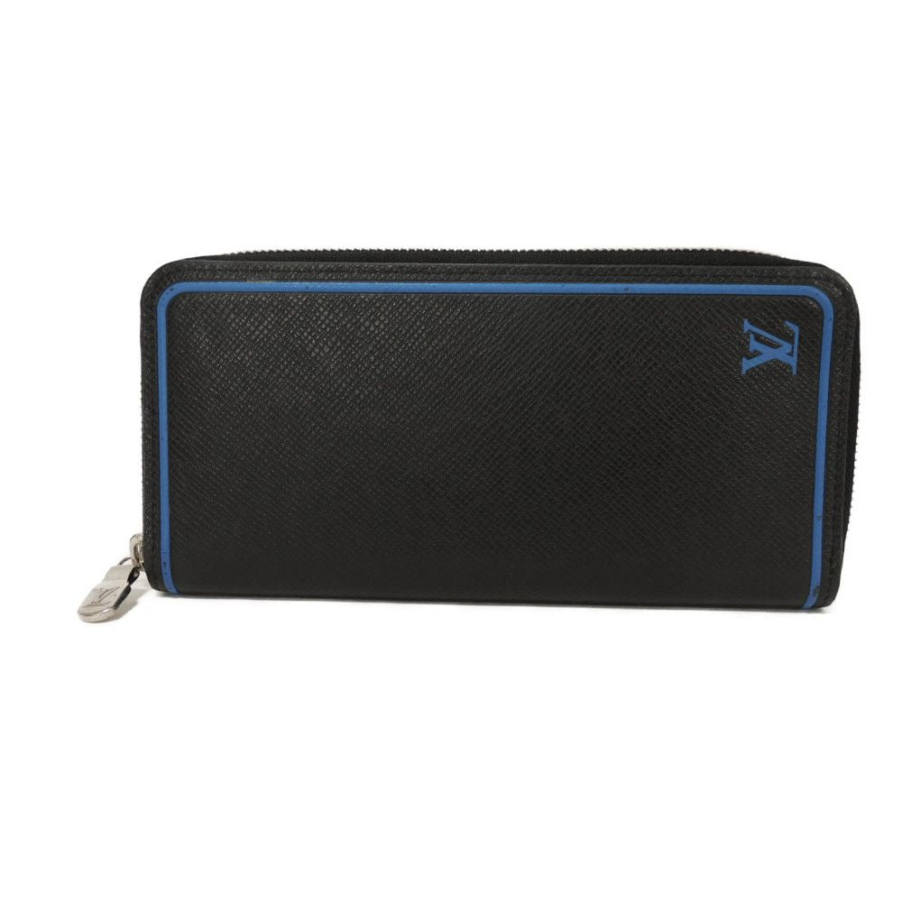 Louis Vuitton Long Purse M30070 Taiga stamped Leather Black Blue Wallet Case