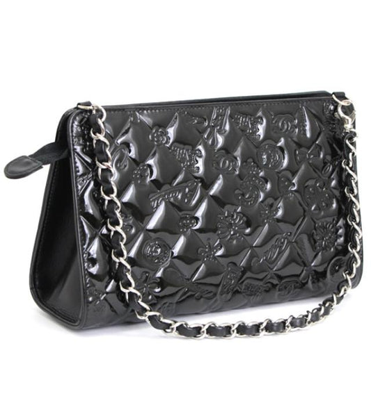 Chanel Icon Handbag Pouch Patent Matelasse Black