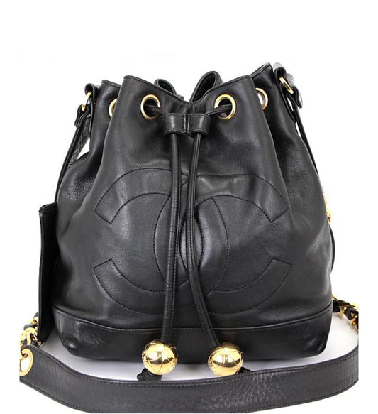 Chanel Drawstring Purse Shoulder Lamb Black Chain Jewelry