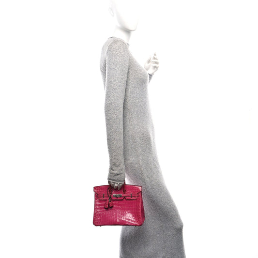 Hermes Shiny Niloticus Crocodile Birkin Rose Scheherazade Handbag Travel Bag