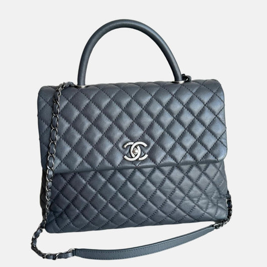 Chanel Coco Handle Maxi Caviar Hardware 32cm Silver Grey Leather Handbag
