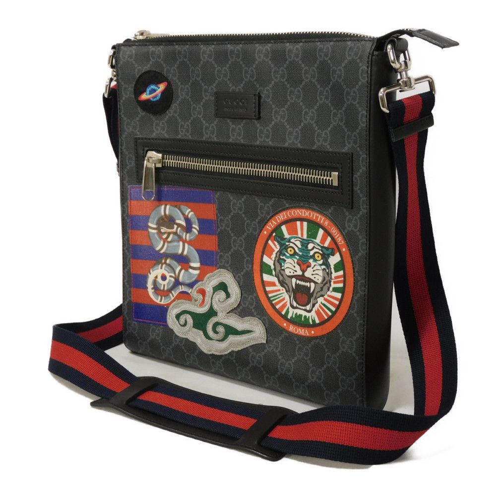 Gucci 9F23N GG Supreme polyurethane processing Leather Canvas Calfskin Black Shoulder Bag