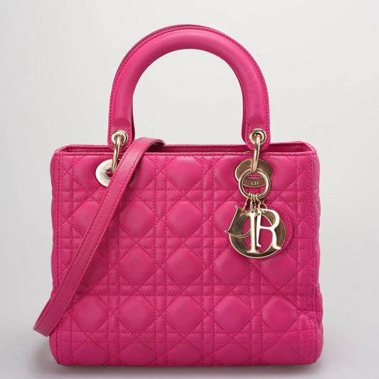 Dior Handbag Christian Lady in Cannage with Hardware Leather Lambskin Pink