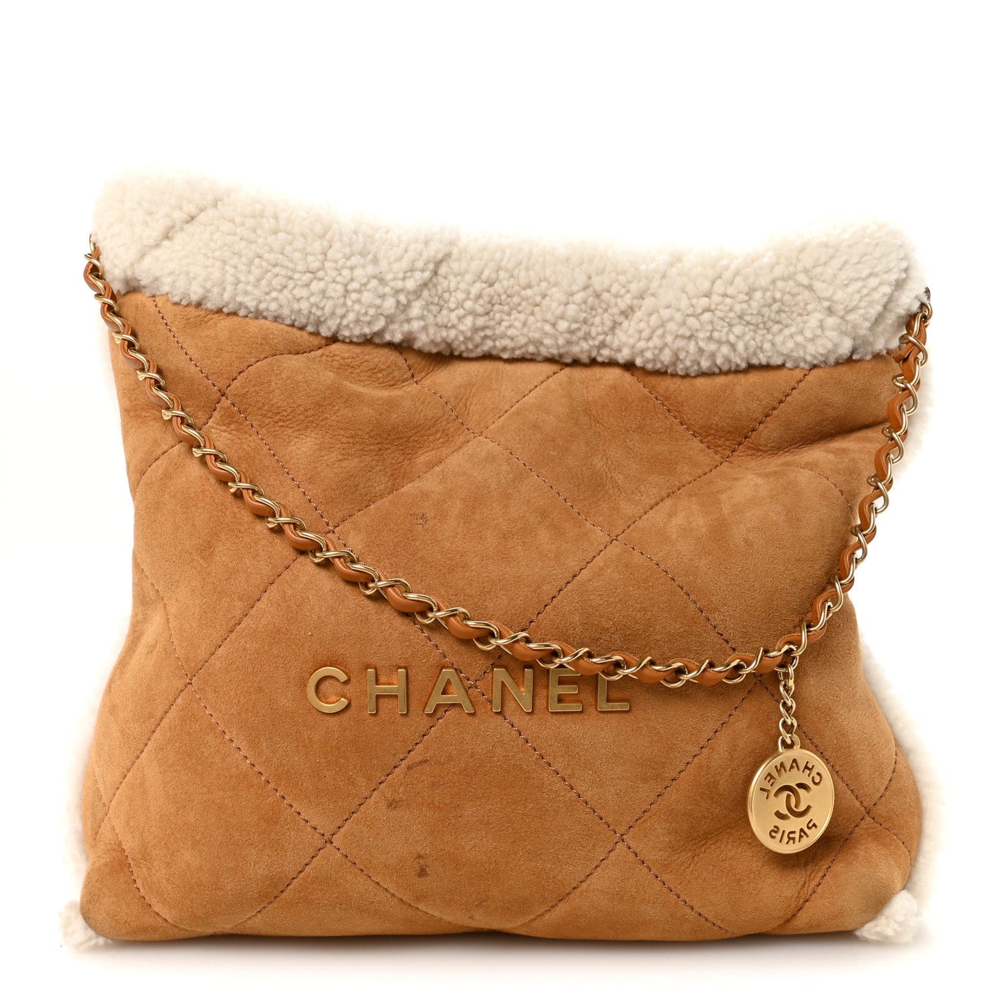 Chanel Suede Shearling Quilted Small 22 Brown White Accessory