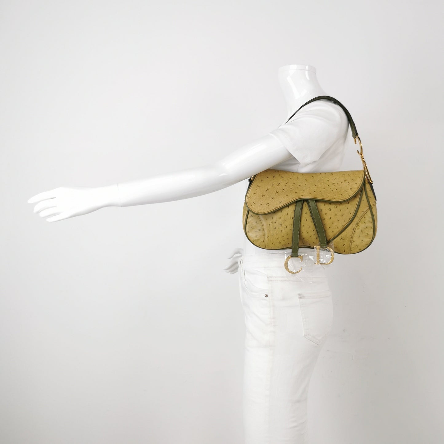 Dior Double Saddle Ostrich Hardware Handbag Leather Green Travel Bag