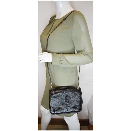 YSL Saint Laurent Yves Niki Crinkle Crossbody Bag Leather Black Baby