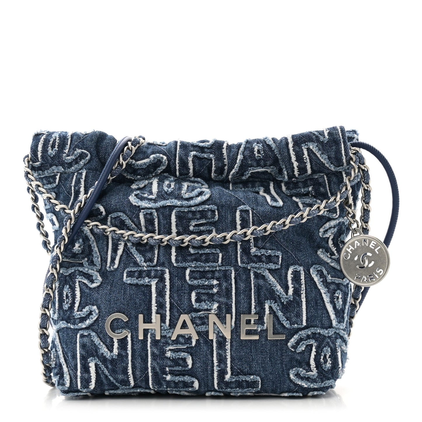 Chanel Washed Denim Logo Embroidered Mini 22 Blue Accessory