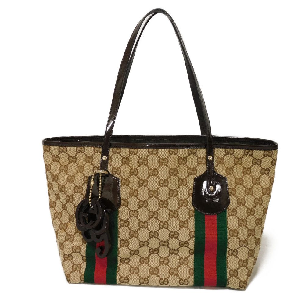Gucci Web Stripe Patent Tote Bag Leather Canvas