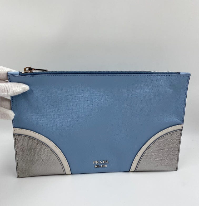 Prada Clutch Bag Leather Saffiano Blue