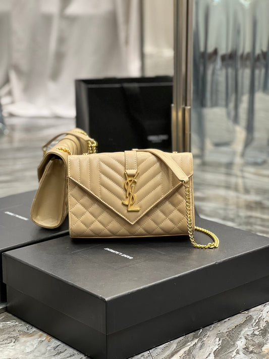 YSL Saint Laurent Dark Mix 8in 21cm Matelasse Beige Small Handbag