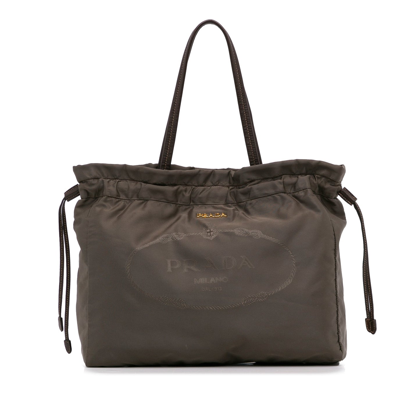 Prada Tessuto Drawstring Tote Bag Brown Logo