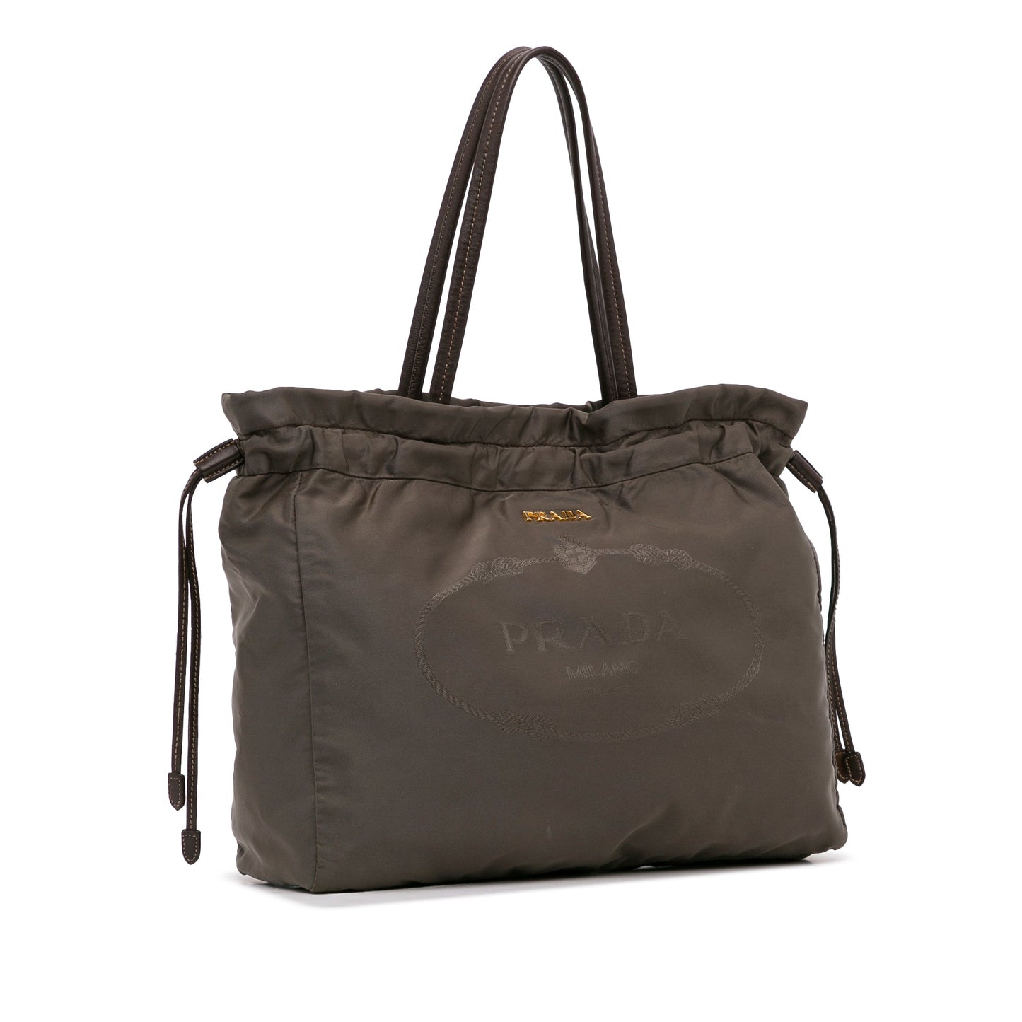 Prada Tessuto Drawstring Tote Bag Brown Logo