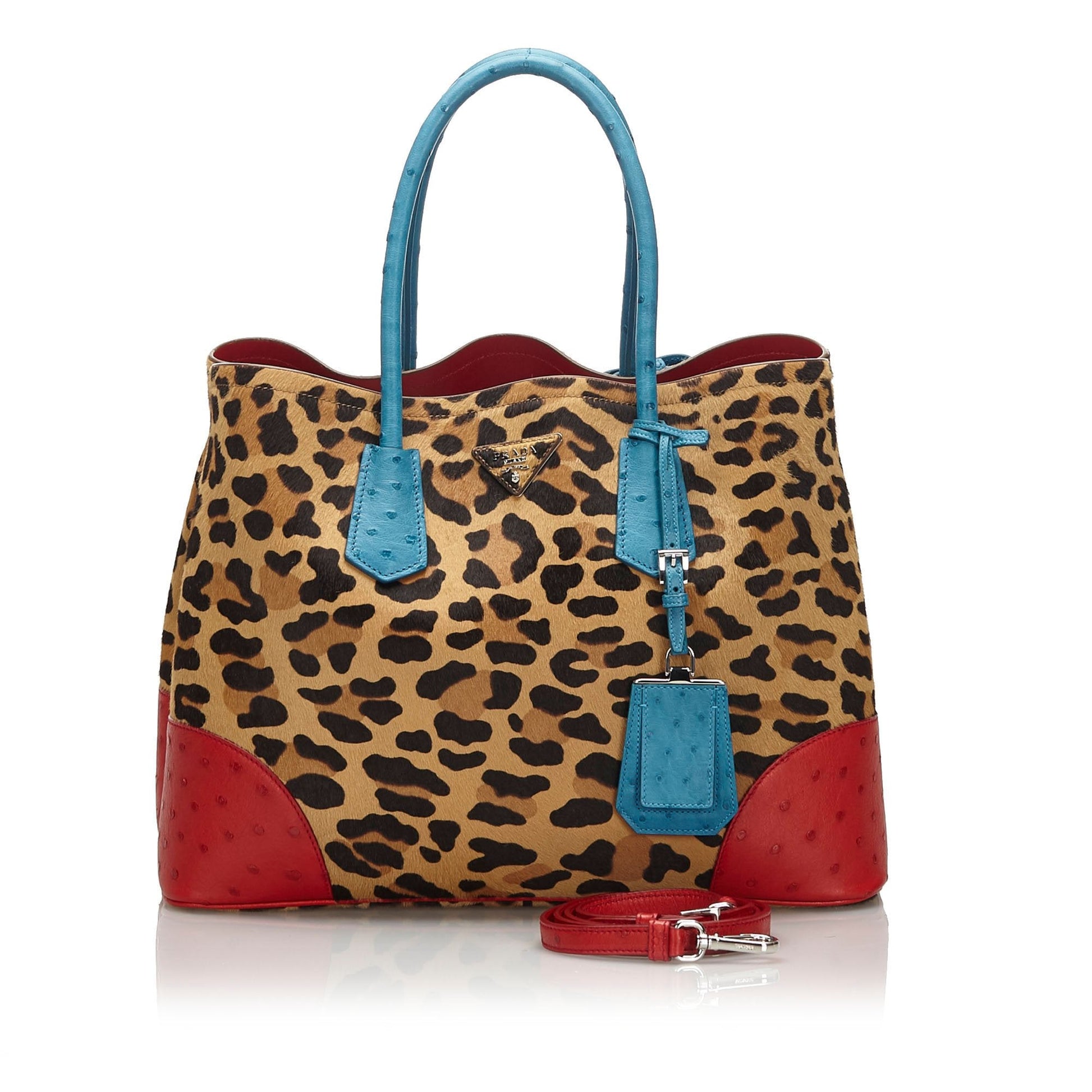 Prada Leopard Print Calf Hair Ostrich Double Tote Bag Brown Tote Bag Italy
