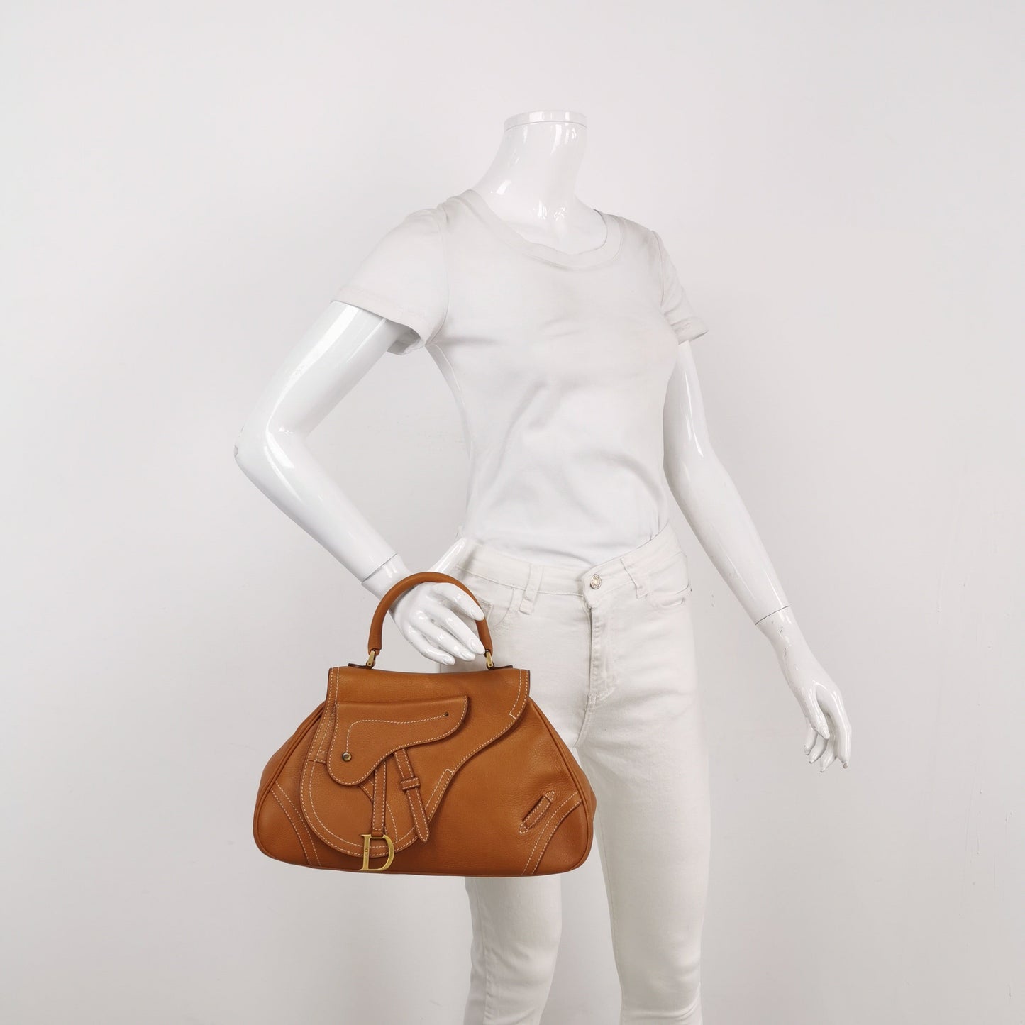 Dior Top Handle Saddle Bag Cognac Calfskin Leather Brown Travel Bag