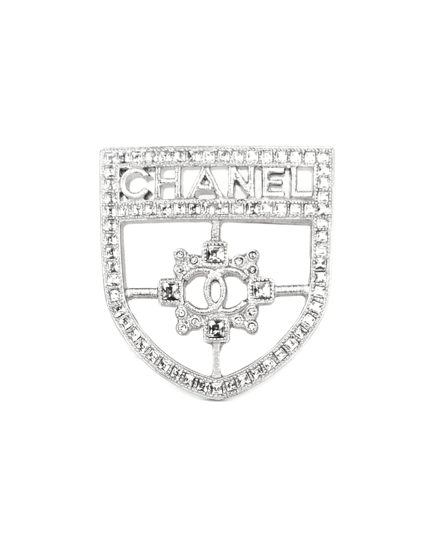 Chanel 2016 Silver Swarovski Crystal CC Shield Brooch