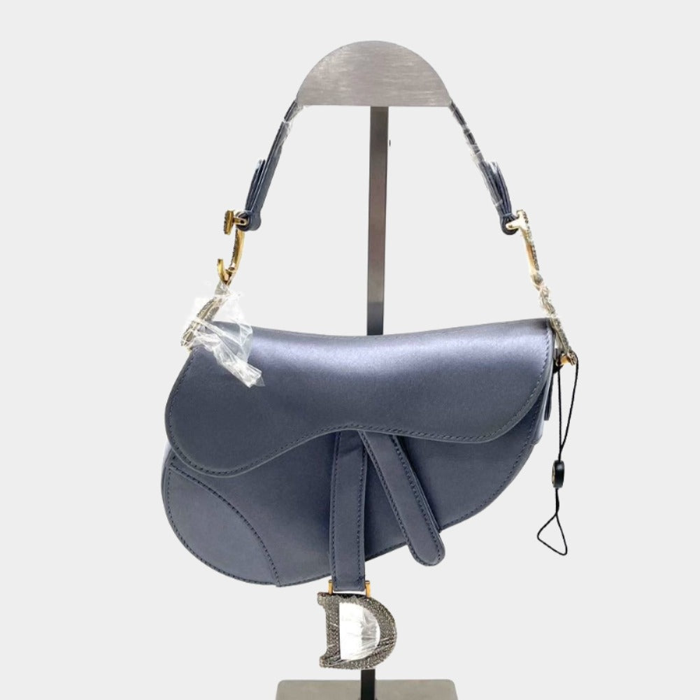 Dior Saddle Silk With Crystal Embedded Buckles Handbag Blue Mini Travel Bag