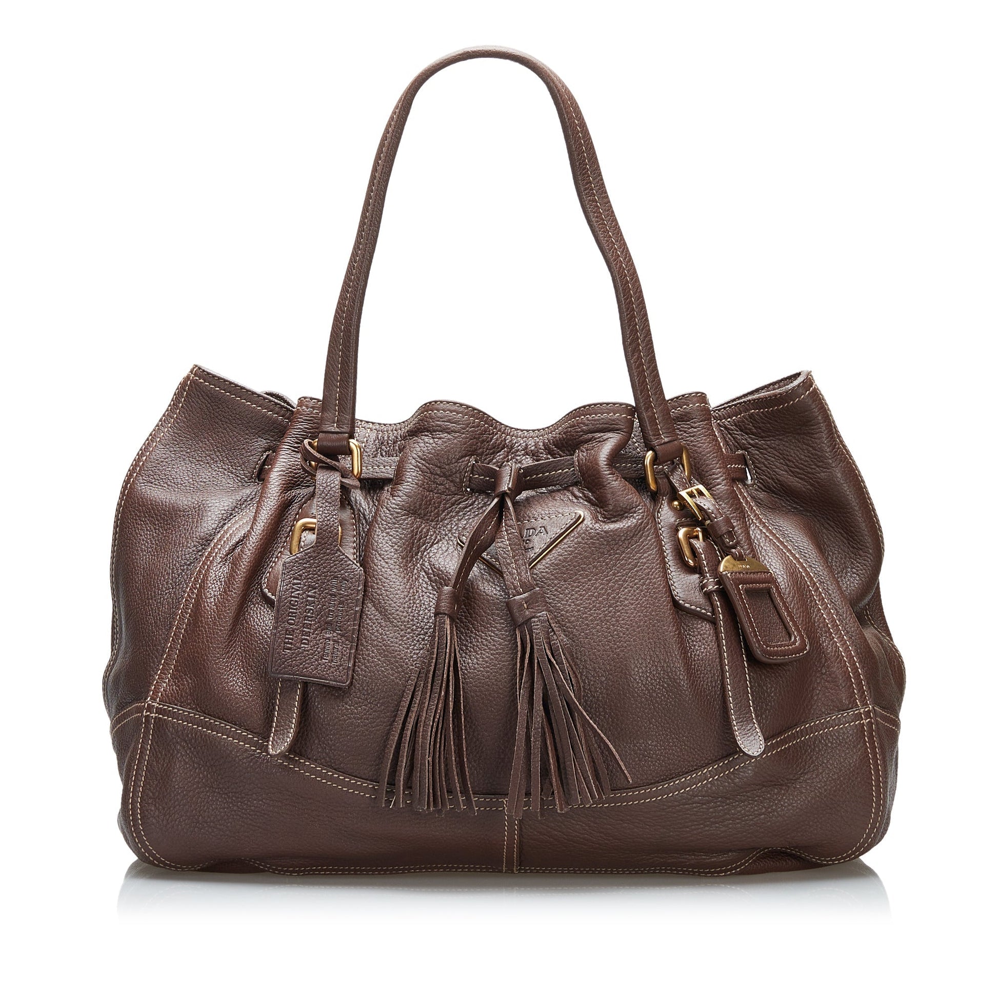 Prada Cervo Drawstring Tote Leather Brown Tote Bag