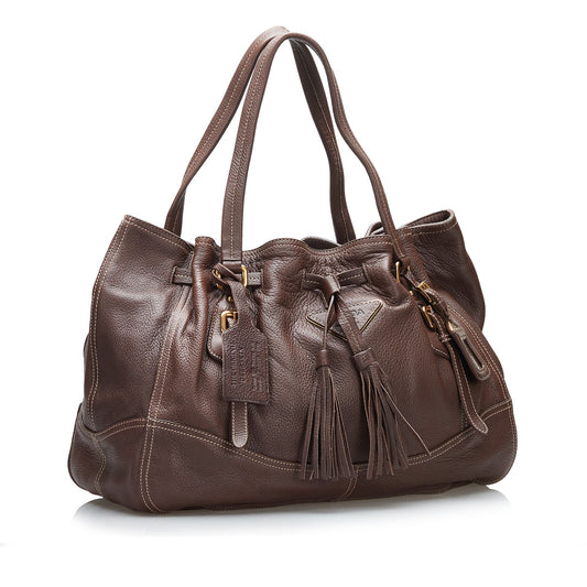 Prada Cervo Drawstring Tote Leather Brown Tote Bag