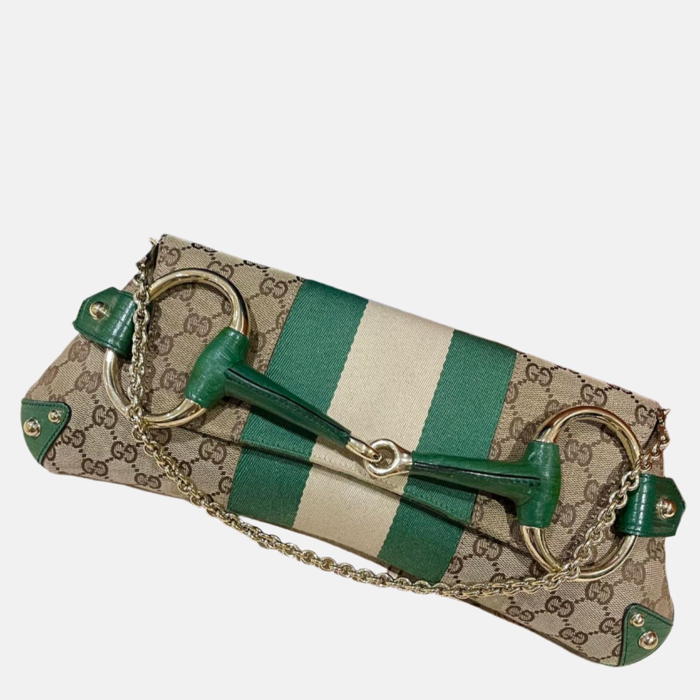 Gucci Horsebit Chain Cloth Studs Monogram Leather Green Gold Travel Bag