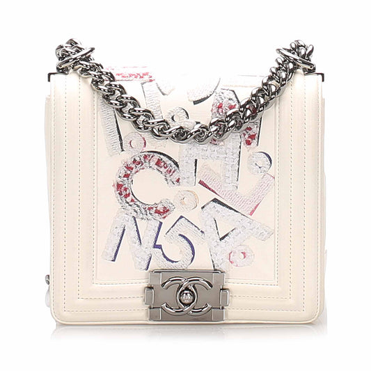 Chanel No 5 Graffiti Boy Bag White Flap Shoulder Bag