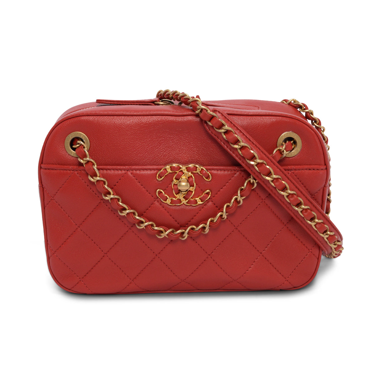 Chanel Red Quilted Lambskin Chain Infinity Camera Case Bag
