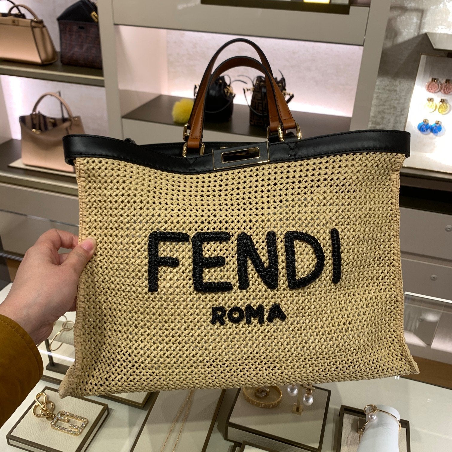 Fendi Metop Qualityum Straw Ff Woven Tote Bag