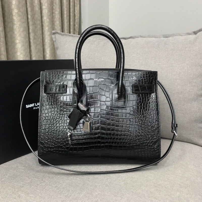 YSL Saint Laurent Sac De Jour Embossed 12.5in Crocodile Black Small Travel Bag